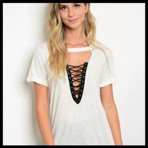Emory Park White Top Black Lace Up Tee Shirt Casual T-Shirt Cotton Blend Boho M